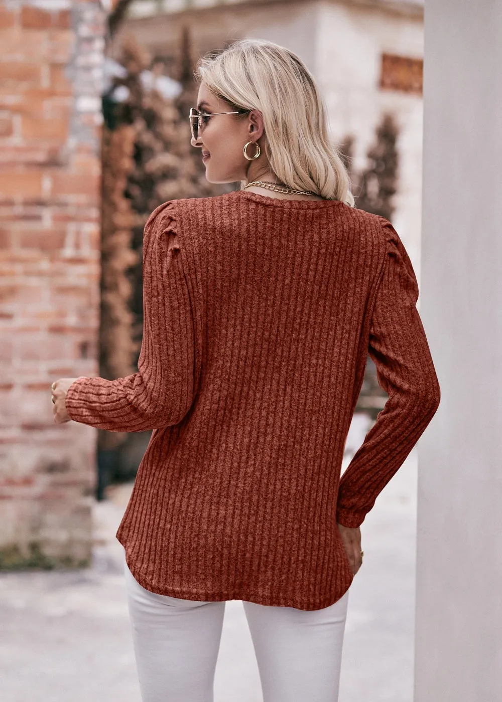 Women's Sweater Puff Long Sleeve Shirts Casual Knit Blouses Crew Neck Elegant Tunic Tops