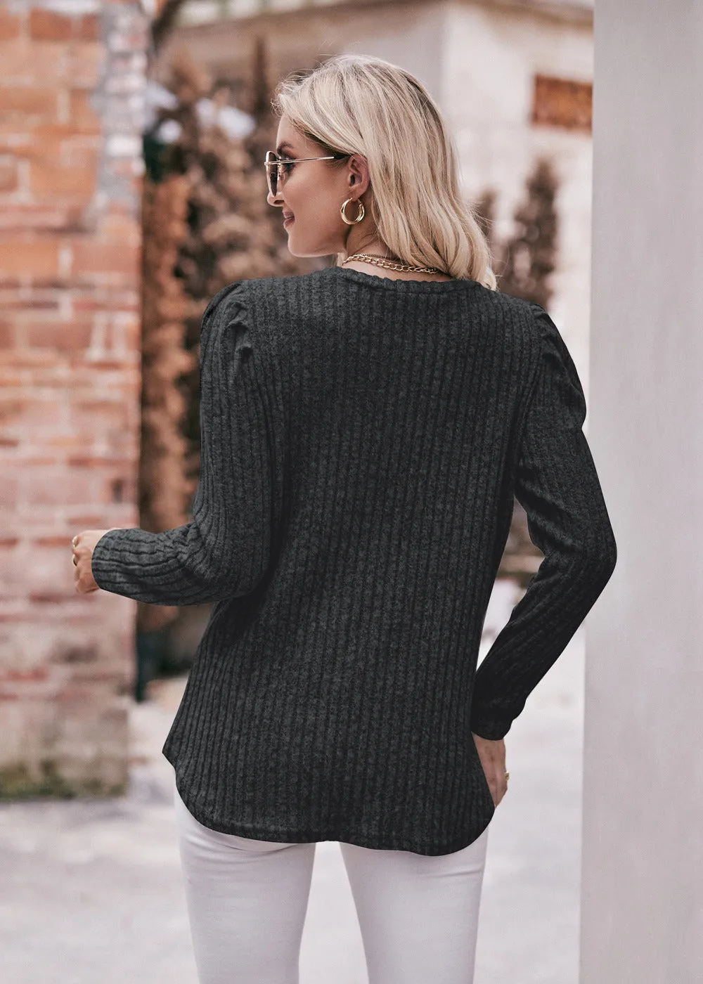 Women's Sweater Puff Long Sleeve Shirts Casual Knit Blouses Crew Neck Elegant Tunic Tops