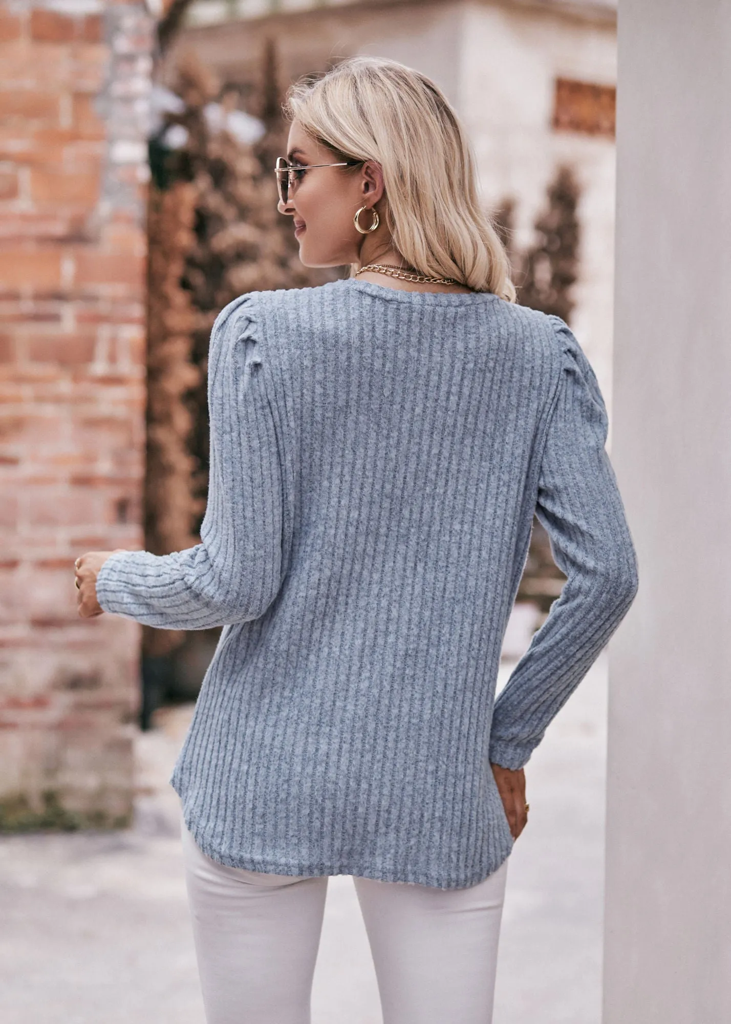 Women's Sweater Puff Long Sleeve Shirts Casual Knit Blouses Crew Neck Elegant Tunic Tops