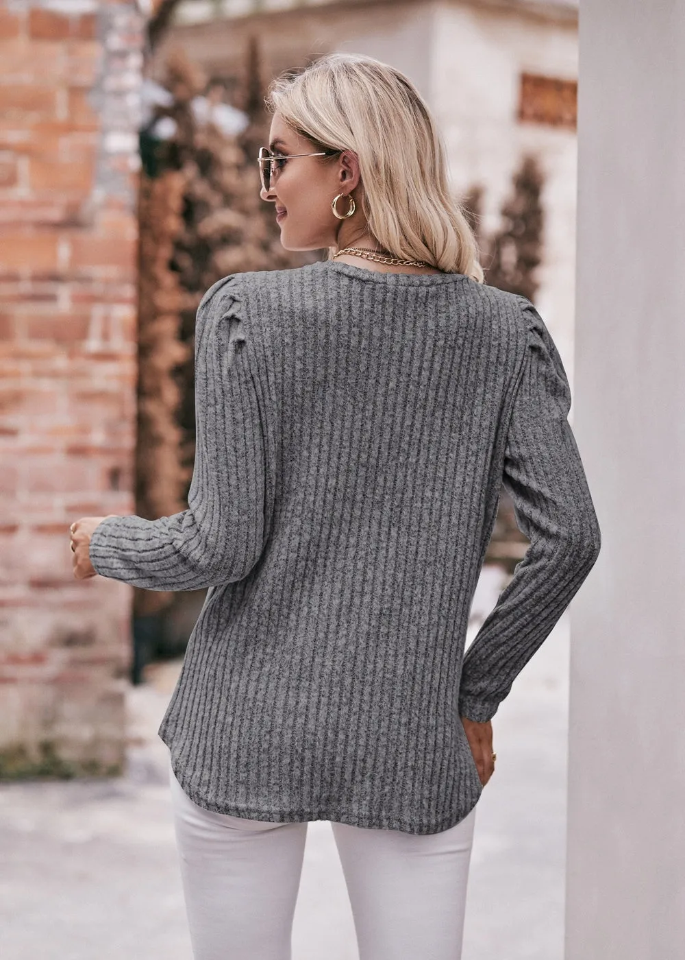 Women's Sweater Puff Long Sleeve Shirts Casual Knit Blouses Crew Neck Elegant Tunic Tops
