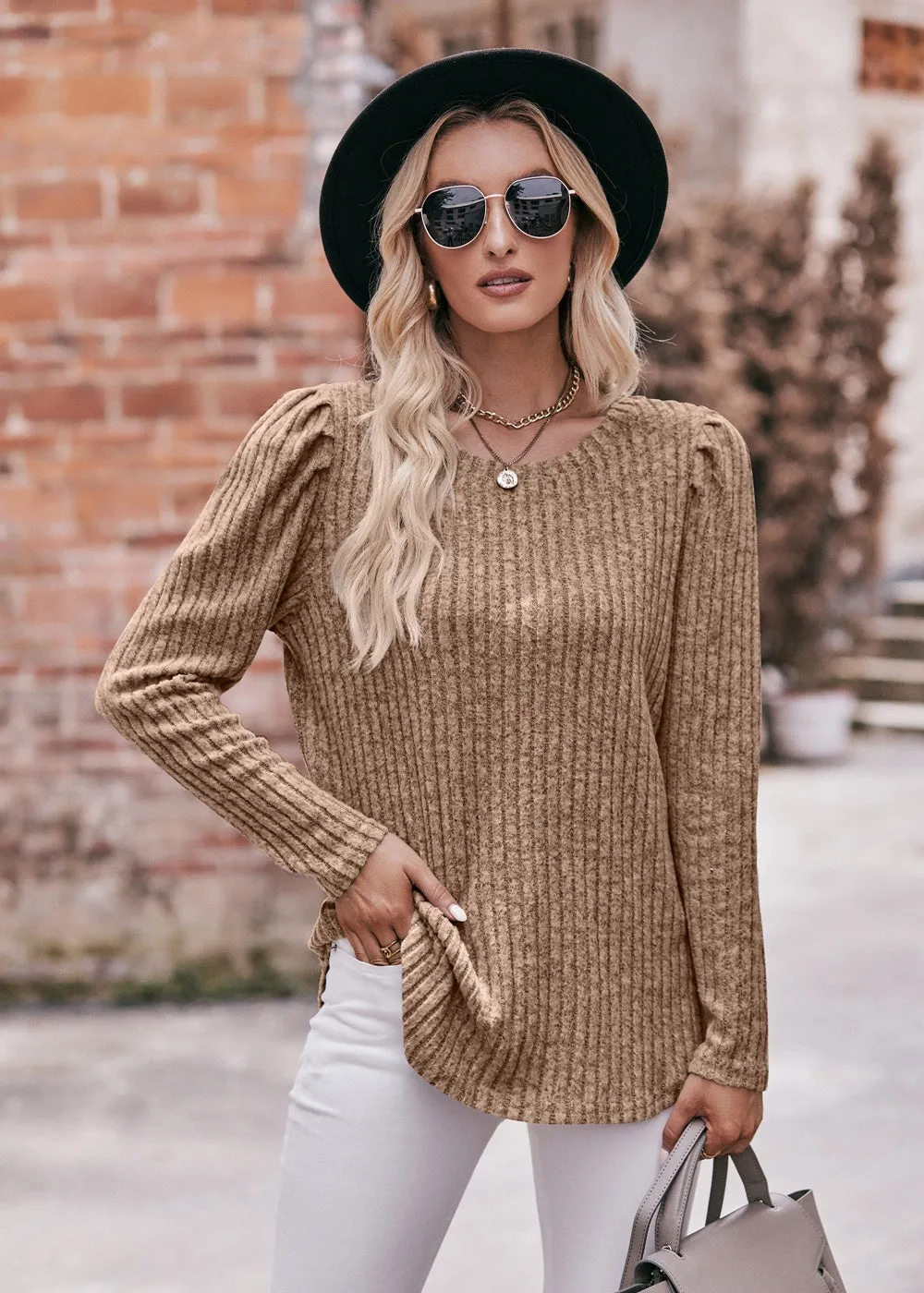 Women's Sweater Puff Long Sleeve Shirts Casual Knit Blouses Crew Neck Elegant Tunic Tops
