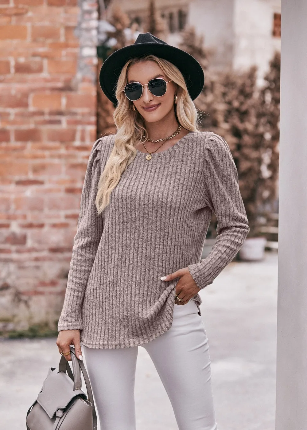Women's Sweater Puff Long Sleeve Shirts Casual Knit Blouses Crew Neck Elegant Tunic Tops