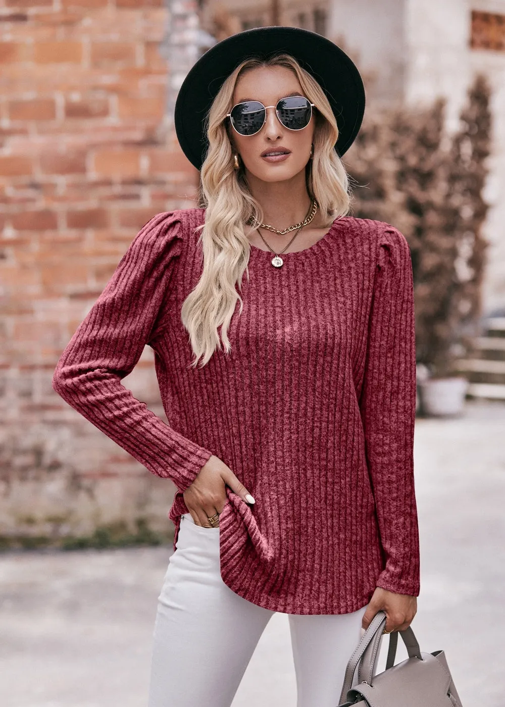 Women's Sweater Puff Long Sleeve Shirts Casual Knit Blouses Crew Neck Elegant Tunic Tops