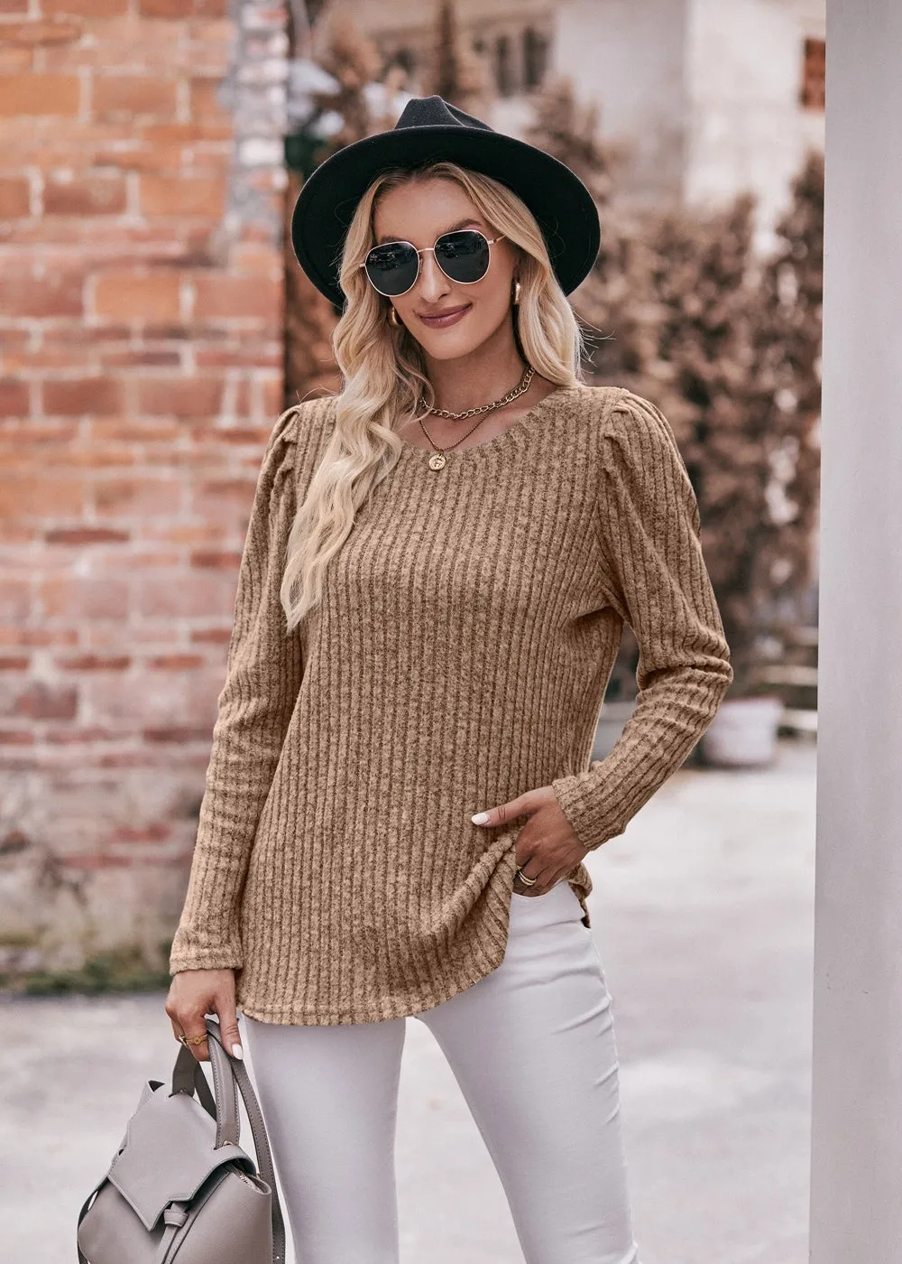 Women's Sweater Puff Long Sleeve Shirts Casual Knit Blouses Crew Neck Elegant Tunic Tops