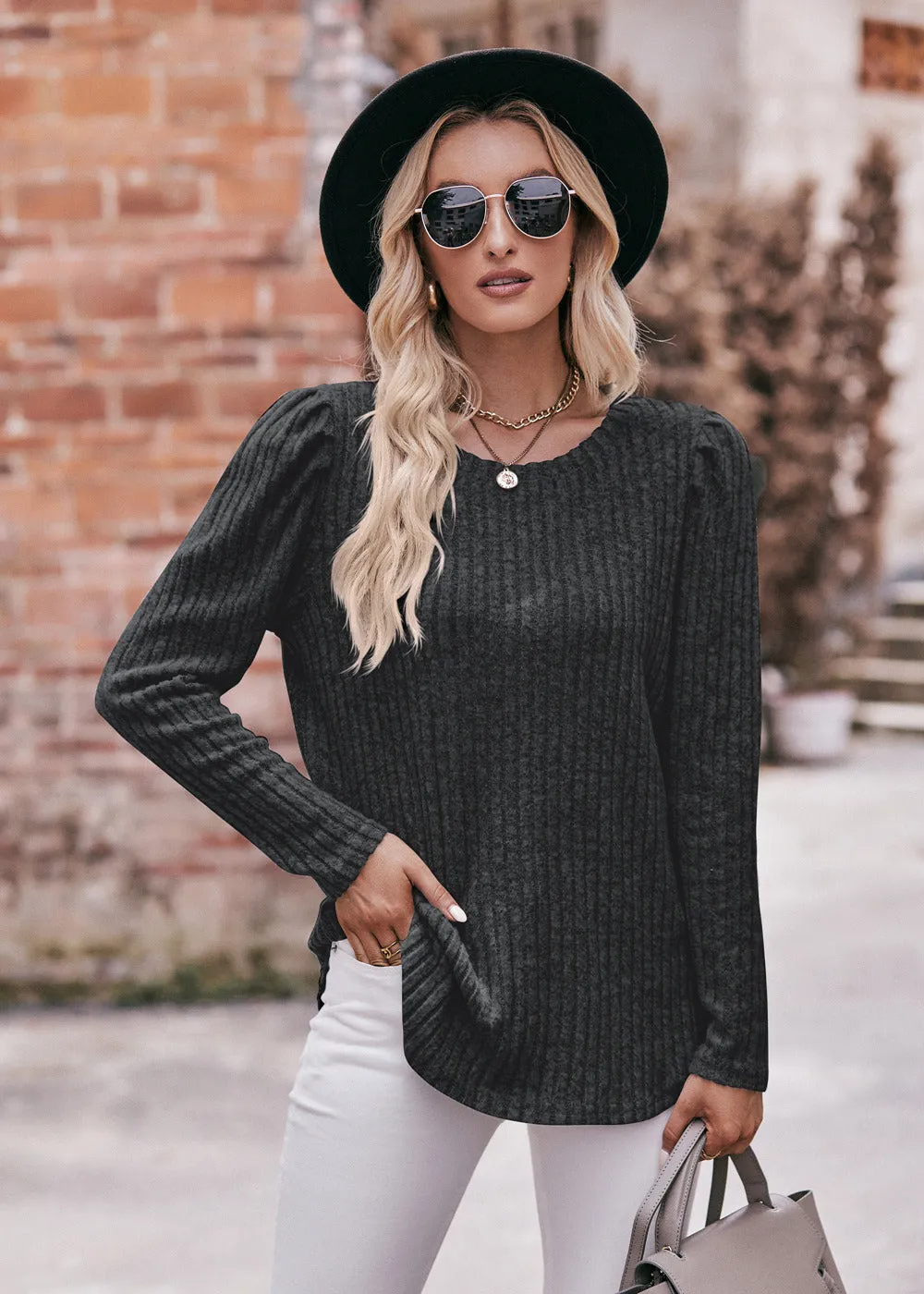 Women's Sweater Puff Long Sleeve Shirts Casual Knit Blouses Crew Neck Elegant Tunic Tops