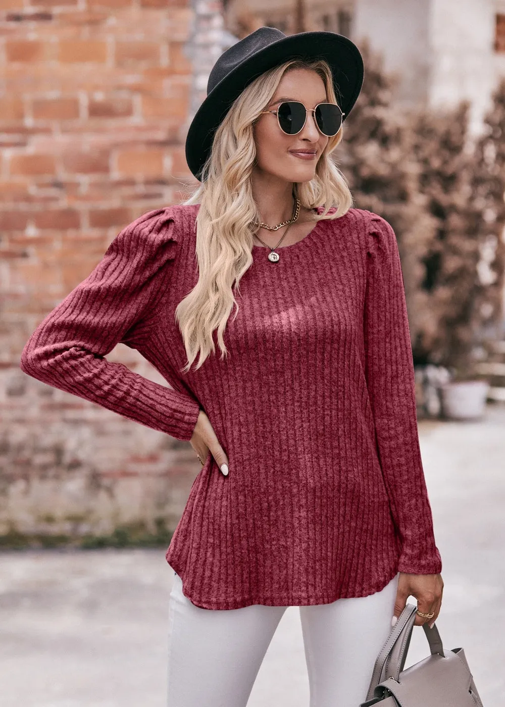 Women's Sweater Puff Long Sleeve Shirts Casual Knit Blouses Crew Neck Elegant Tunic Tops