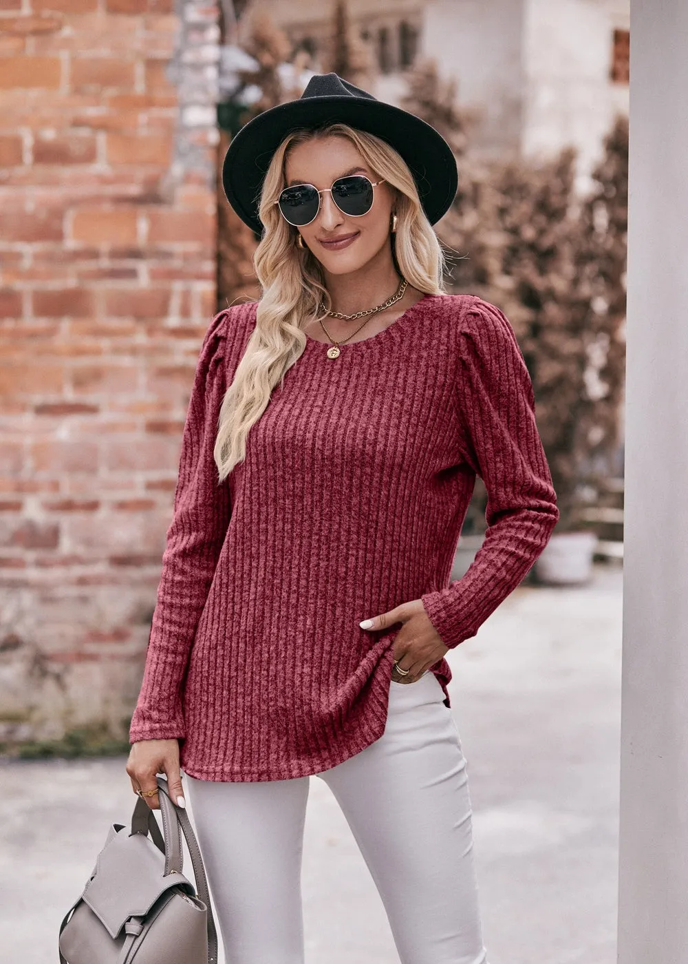 Women's Sweater Puff Long Sleeve Shirts Casual Knit Blouses Crew Neck Elegant Tunic Tops