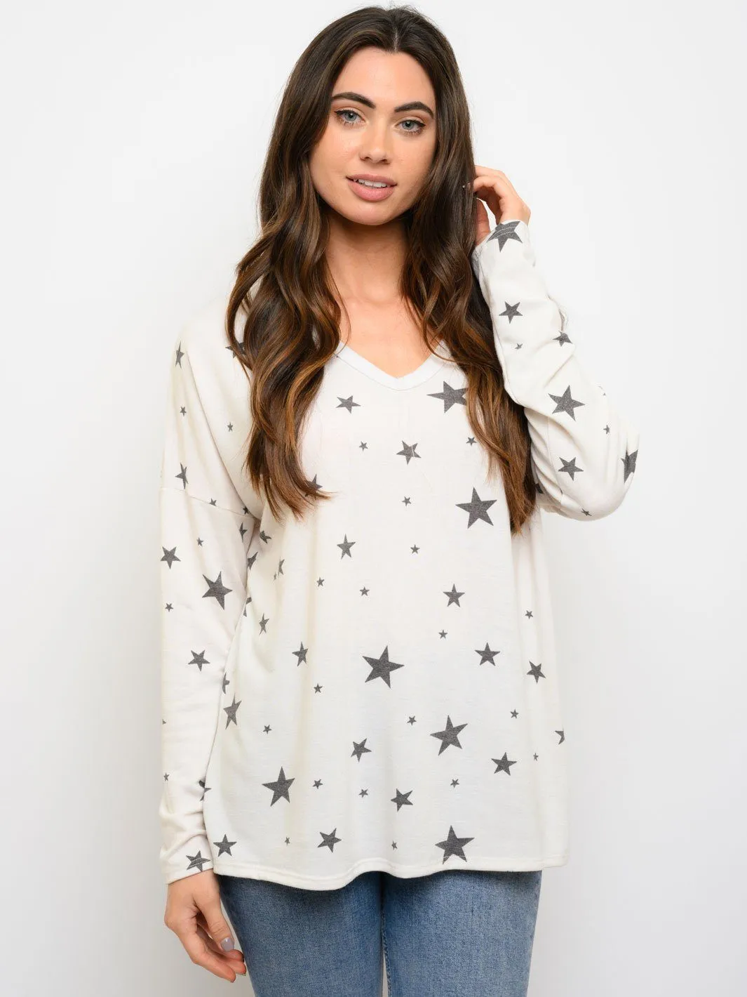 WOMEN'S V-NECK LONG SLEEVE STARS PRINT TOP