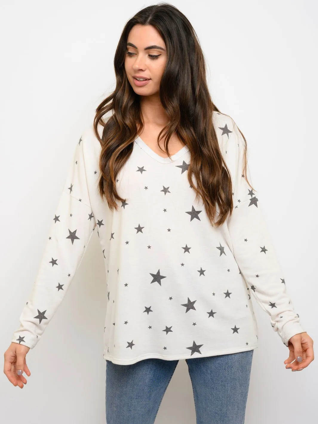 WOMEN'S V-NECK LONG SLEEVE STARS PRINT TOP