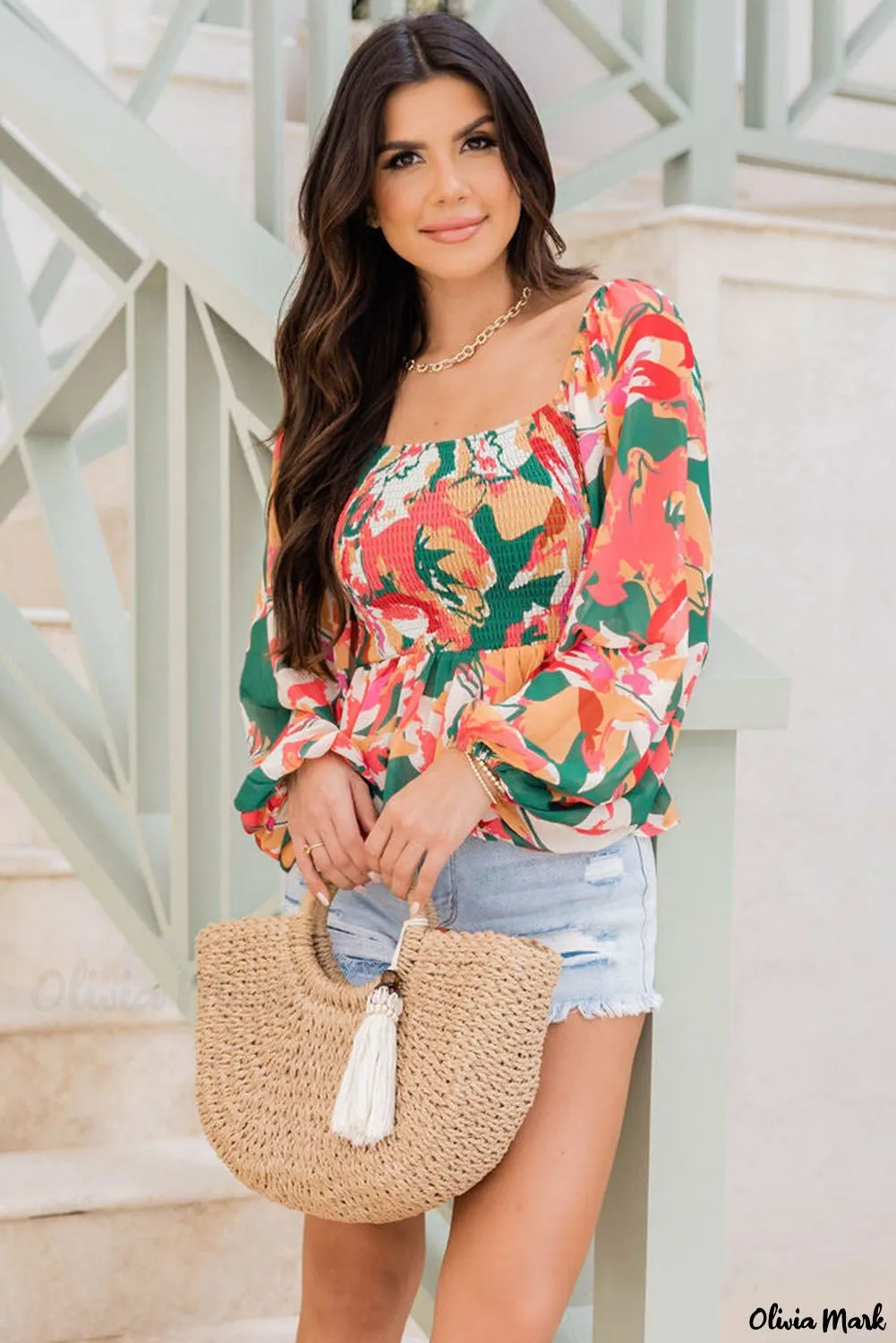 Xieyinshe - Abstract Floral Print Long Sleeve Peplum Blouse