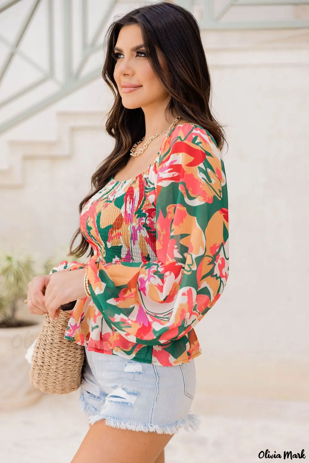 Xieyinshe - Abstract Floral Print Long Sleeve Peplum Blouse