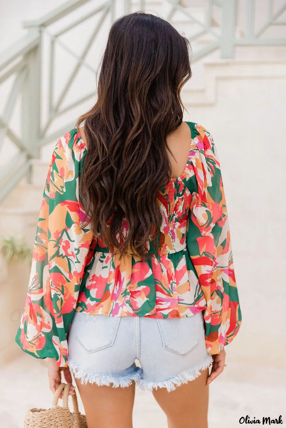 Xieyinshe - Abstract Floral Print Long Sleeve Peplum Blouse