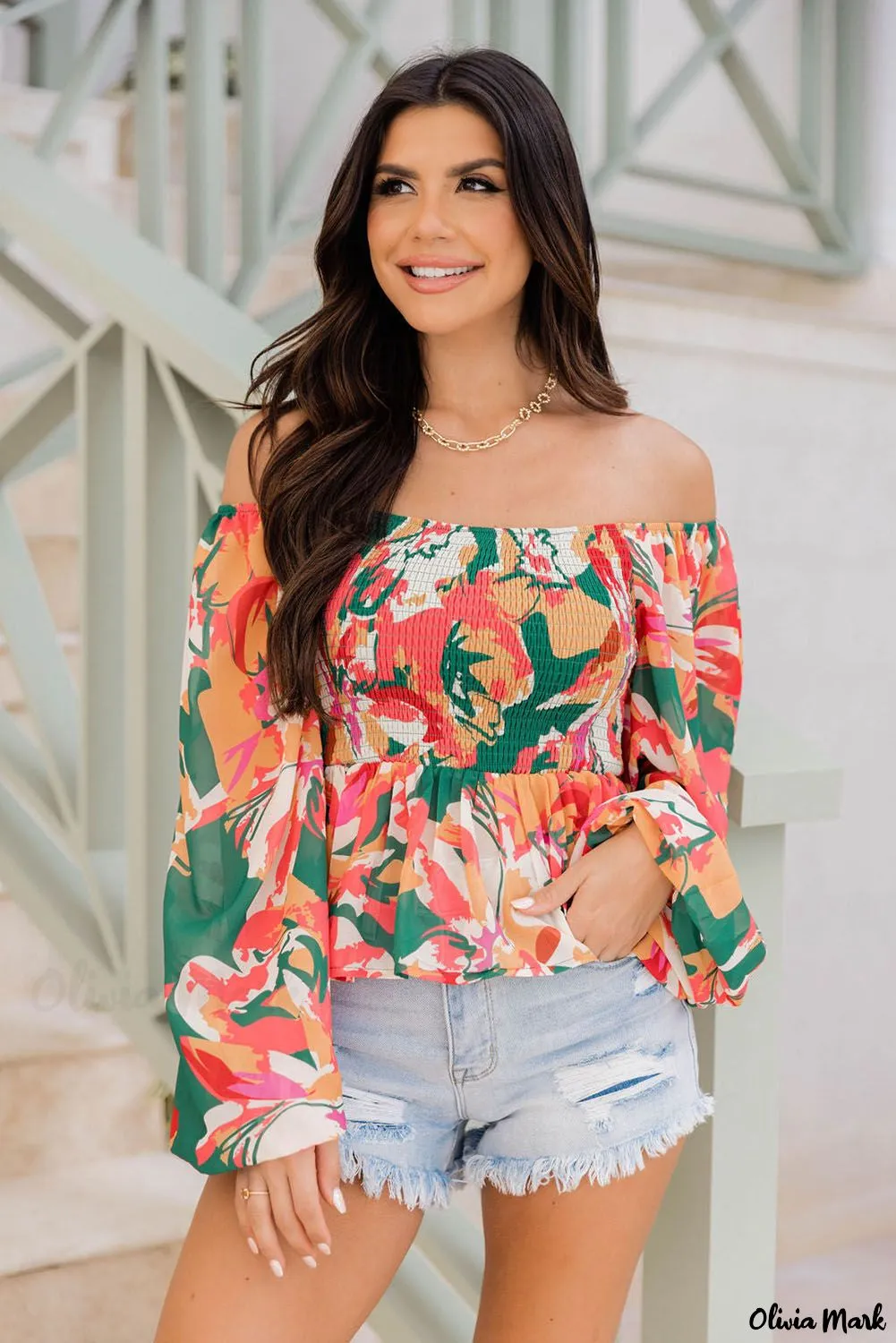 Xieyinshe - Abstract Floral Print Long Sleeve Peplum Blouse