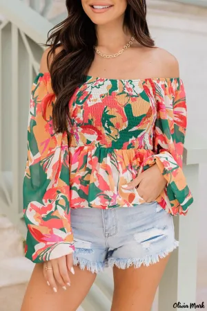 Xieyinshe - Abstract Floral Print Long Sleeve Peplum Blouse