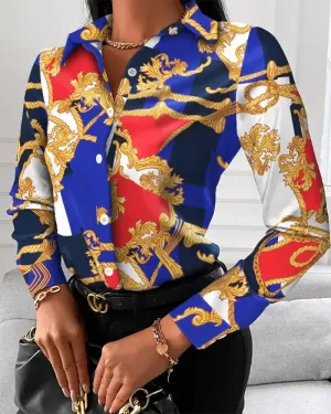 Xieyinshe - Baroque Print Long Sleeve Button Up Top