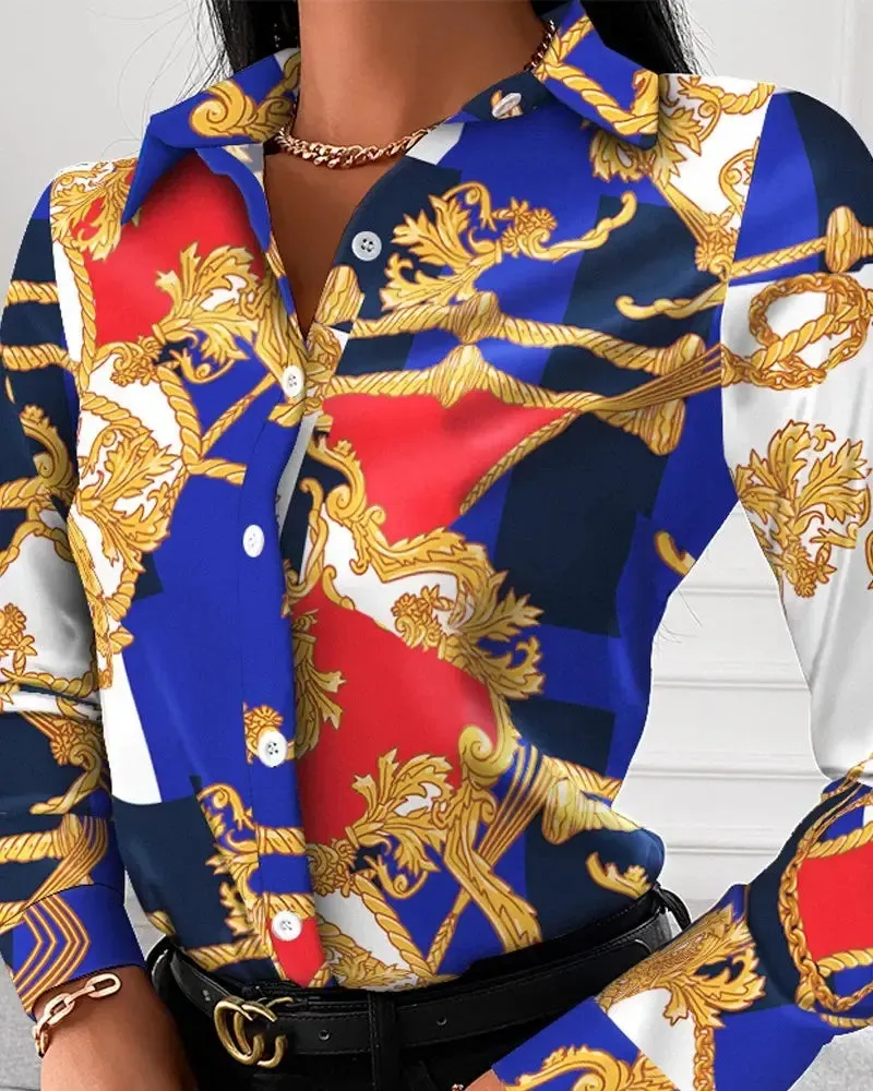Xieyinshe - Baroque Print Long Sleeve Button Up Top