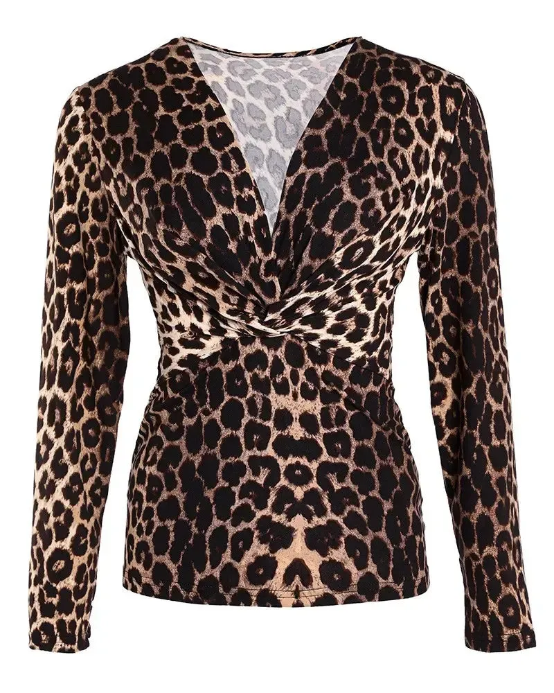 Xieyinshe - Cheetah Print Long Sleeve V-Neck Top