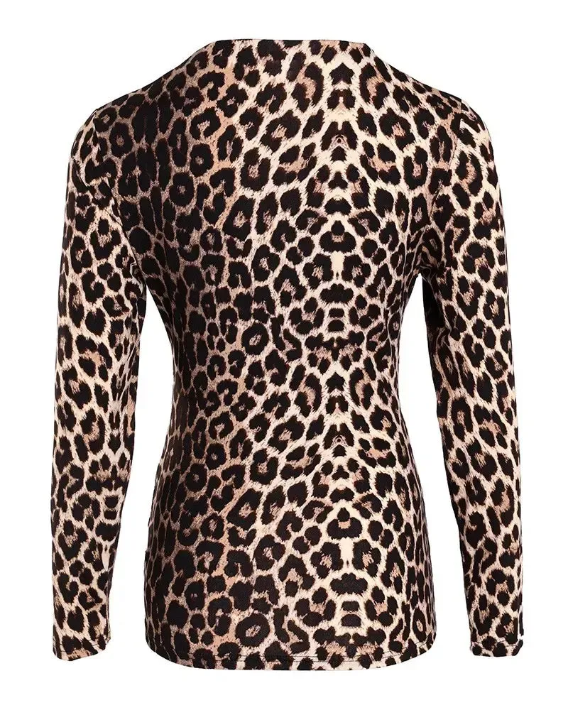 Xieyinshe - Cheetah Print Long Sleeve V-Neck Top