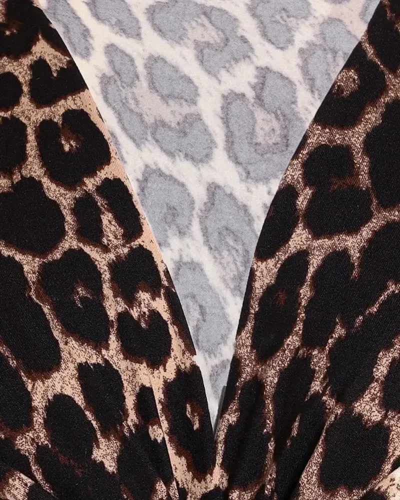 Xieyinshe - Cheetah Print Long Sleeve V-Neck Top