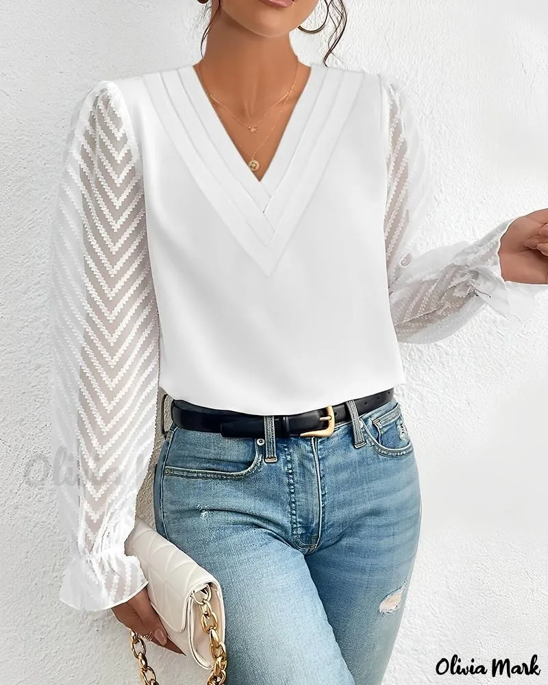 Xieyinshe - Contemporary Sheer Mesh Long Sleeve Top with Chevron Pattern