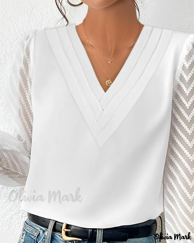 Xieyinshe - Contemporary Sheer Mesh Long Sleeve Top with Chevron Pattern
