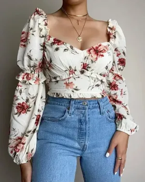 Xieyinshe - Floral Print Ruffle Hem Long Sleeve Crop Top