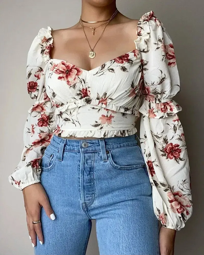Xieyinshe - Floral Print Ruffle Hem Long Sleeve Crop Top
