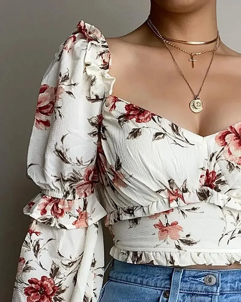 Xieyinshe - Floral Print Ruffle Hem Long Sleeve Crop Top