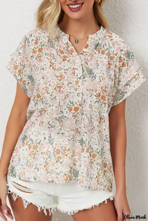 Xieyinshe - Floral Tie Neck Long Sleeve Crinkle Blouse