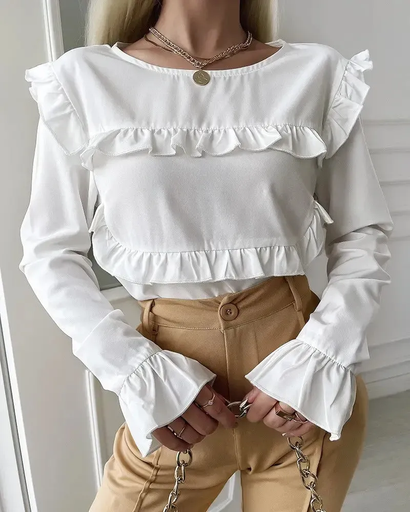 Xieyinshe - Frill Hem Crew Neck Long Sleeve Top