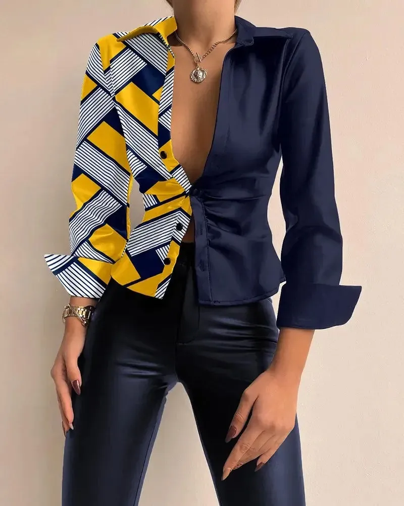 Xieyinshe - Geometric Print Long Sleeve Button Down Shirt