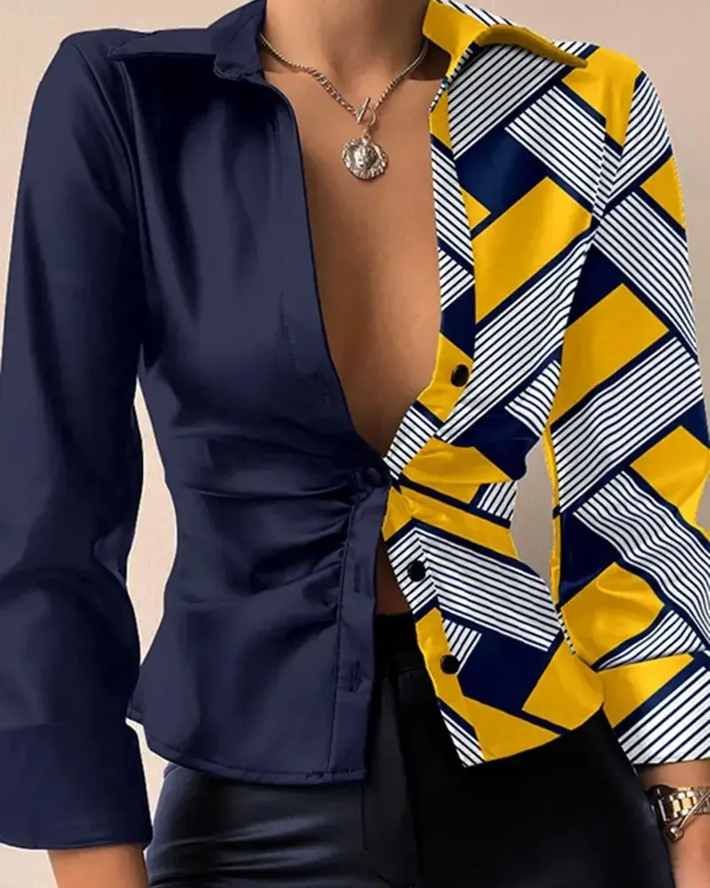 Xieyinshe - Geometric Print Long Sleeve Button Down Shirt
