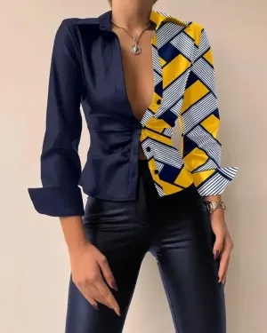 Xieyinshe - Geometric Print Long Sleeve Button Down Shirt