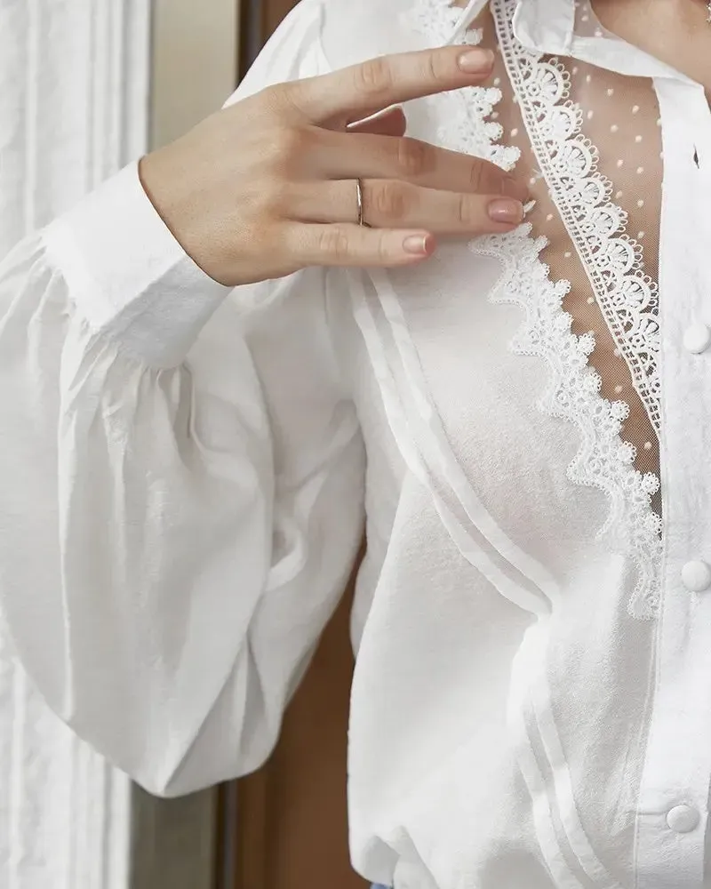 Xieyinshe - Lace Long Sleeve Button Down Shirt