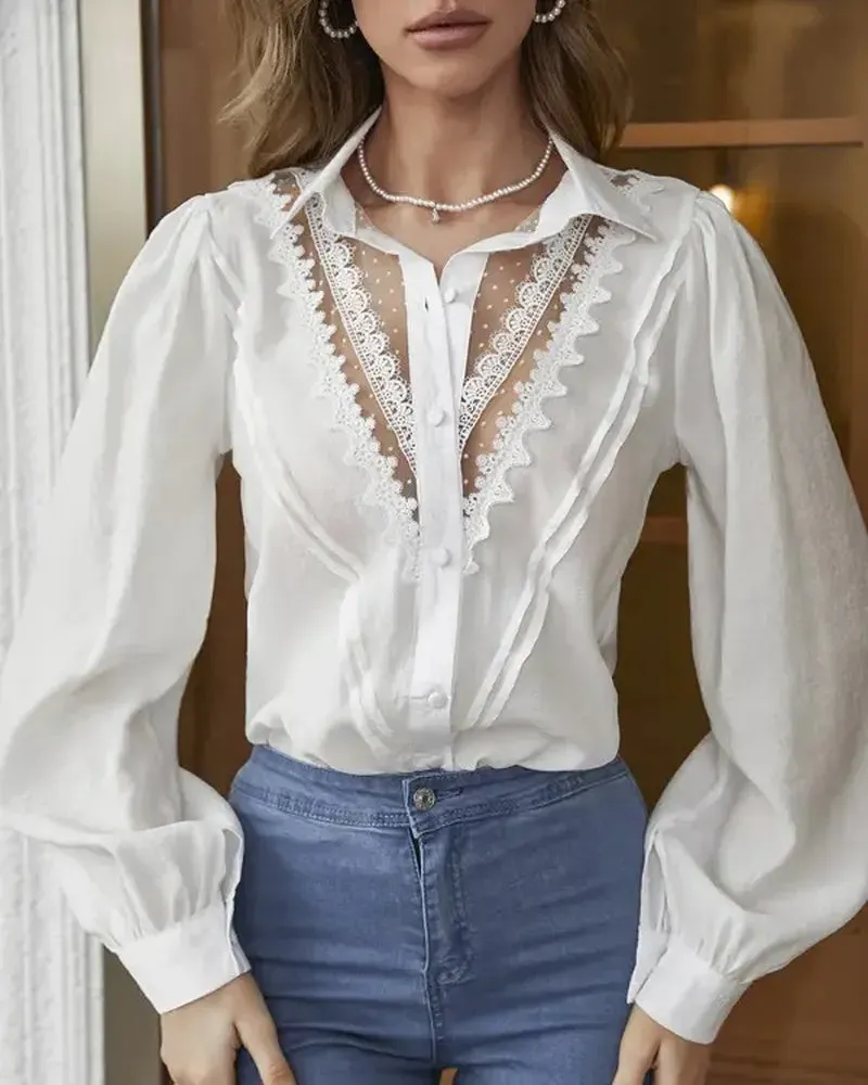 Xieyinshe - Lace Long Sleeve Button Down Shirt