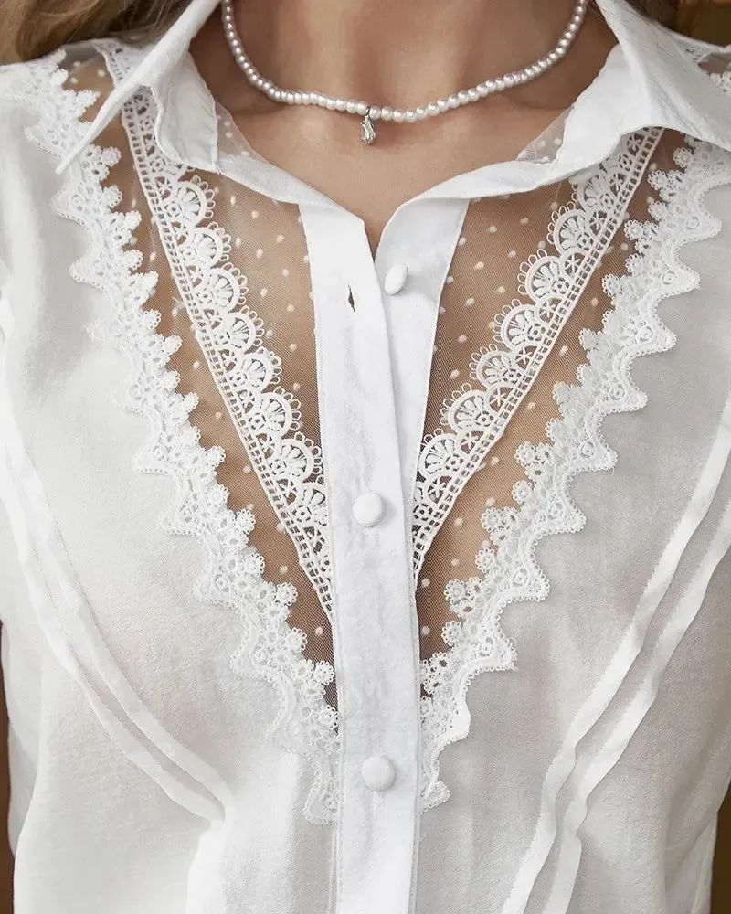 Xieyinshe - Lace Long Sleeve Button Down Shirt