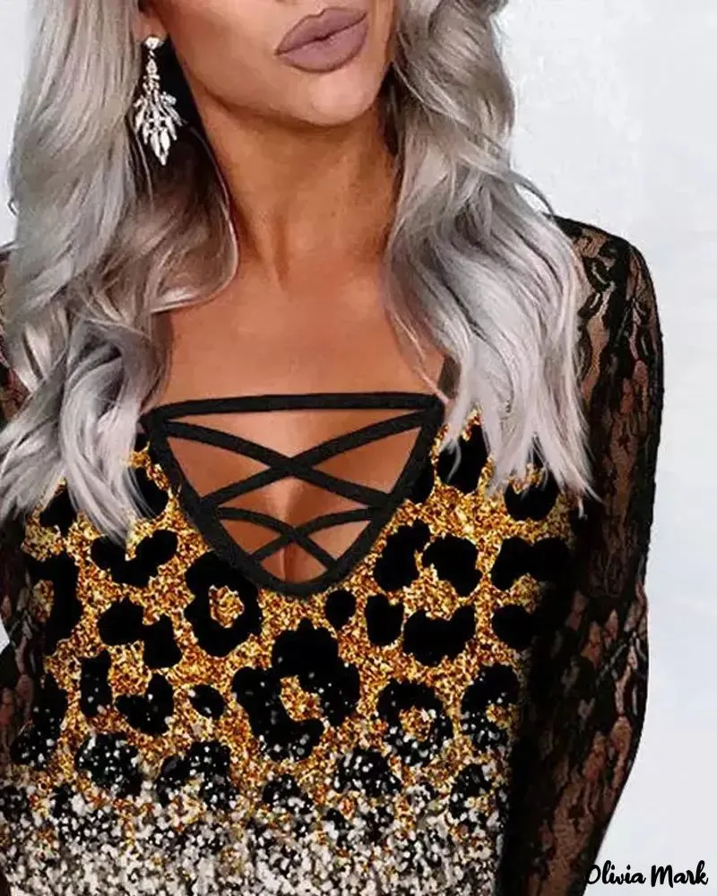 Xieyinshe - Leopard Print Contrast Lace Long Sleeve Top