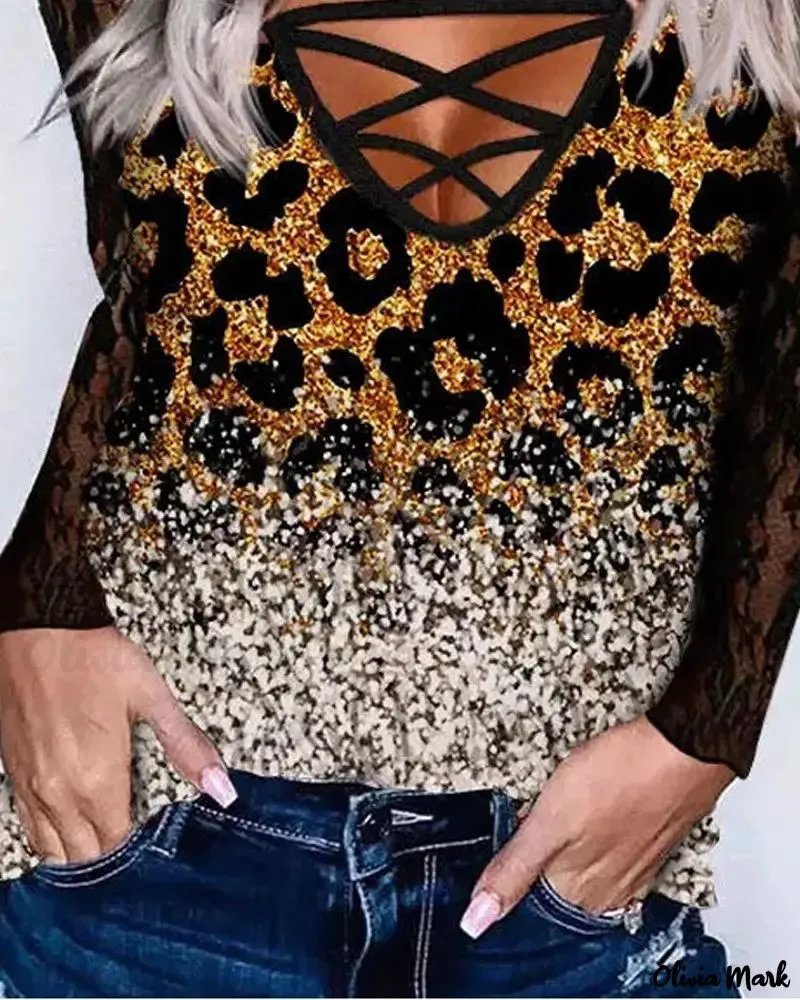 Xieyinshe - Leopard Print Contrast Lace Long Sleeve Top