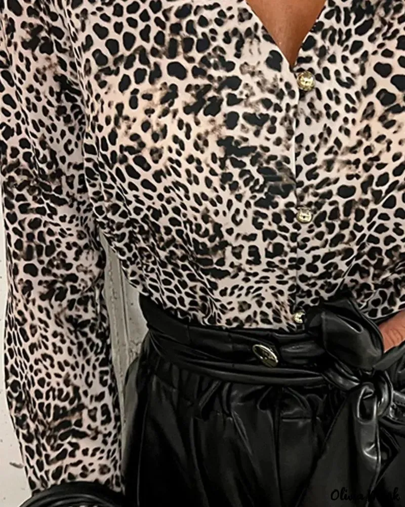 Xieyinshe - Leopard Print Long Sleeve Button Down Shirt