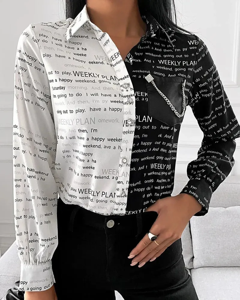 Xieyinshe - Letter Print Colourblock Long Sleeve Shirt