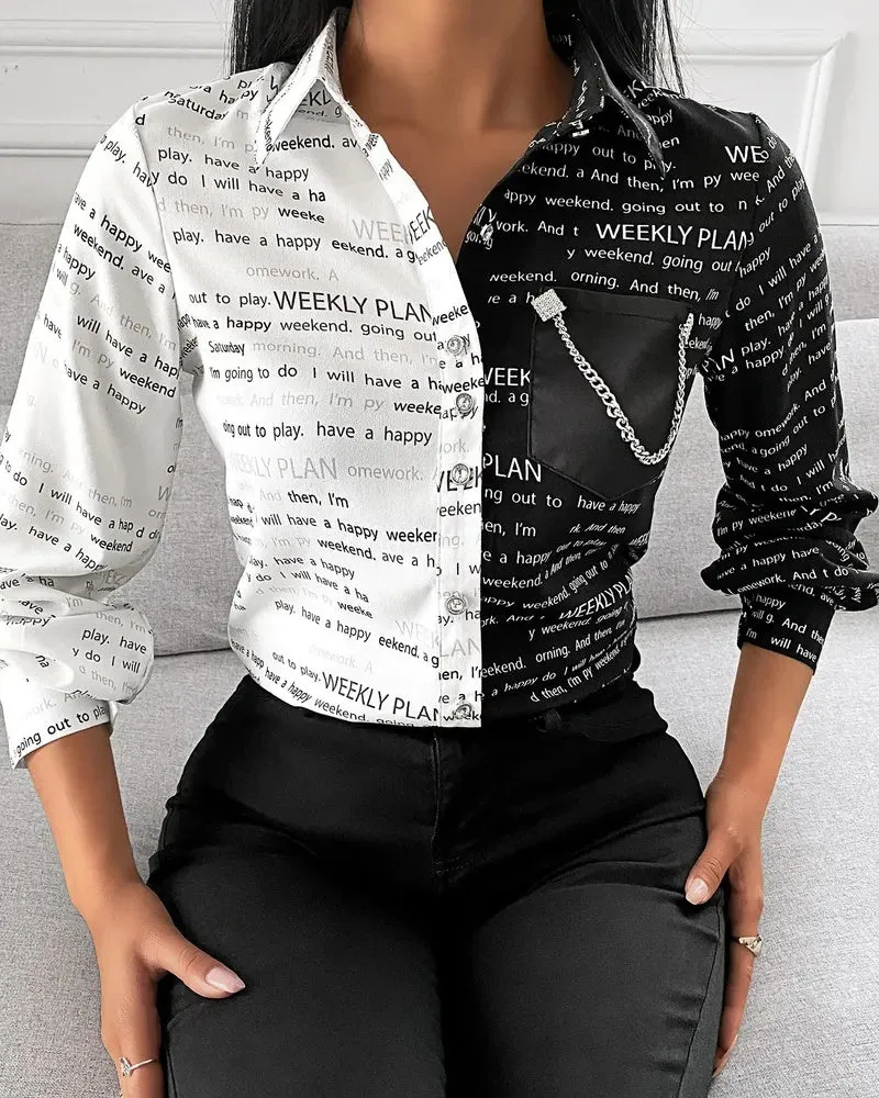 Xieyinshe - Letter Print Colourblock Long Sleeve Shirt