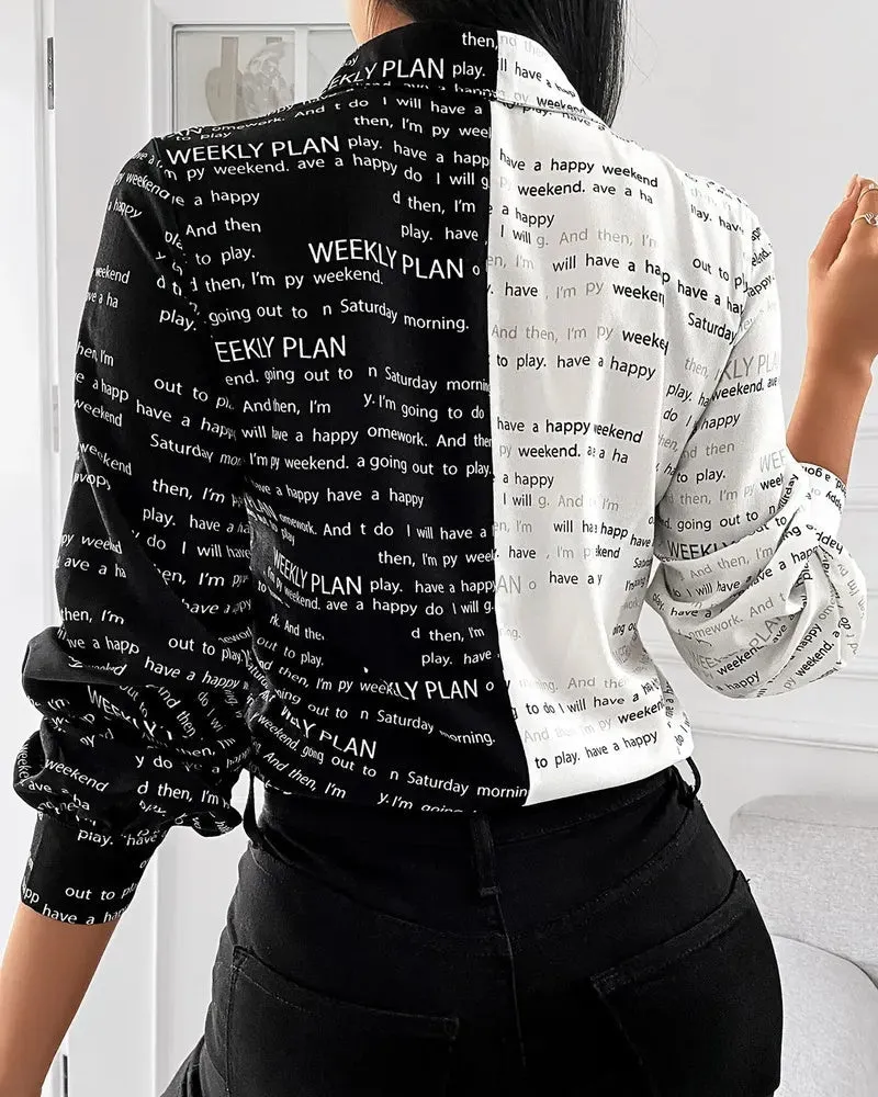 Xieyinshe - Letter Print Colourblock Long Sleeve Shirt