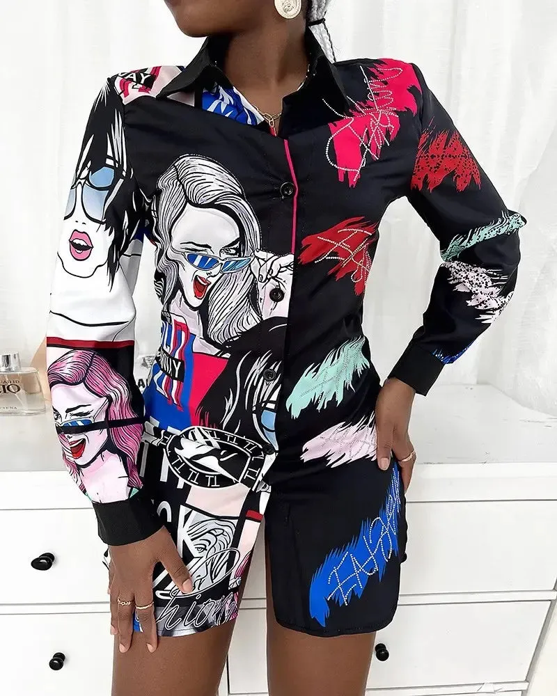 Xieyinshe - Letter Print Long Sleeve Button Down Shirt
