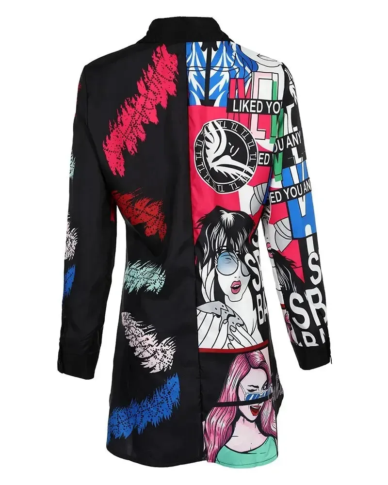 Xieyinshe - Letter Print Long Sleeve Button Down Shirt