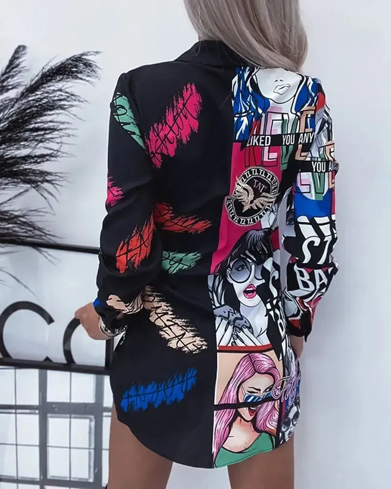 Xieyinshe - Letter Print Long Sleeve Button Down Shirt