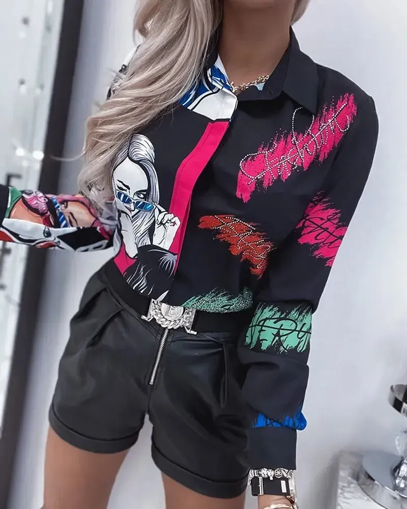 Xieyinshe - Letter Print Long Sleeve Button Down Shirt