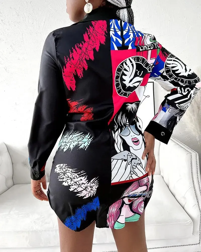 Xieyinshe - Letter Print Long Sleeve Button Down Shirt