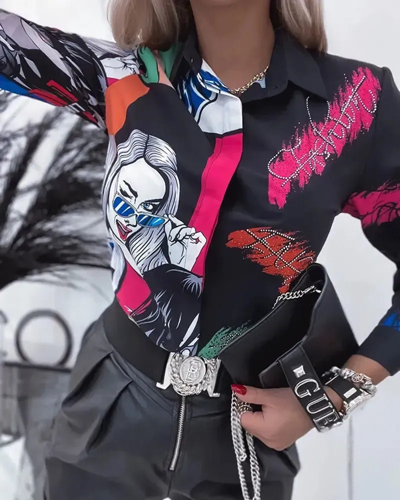 Xieyinshe - Letter Print Long Sleeve Button Down Shirt