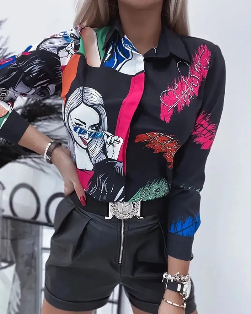 Xieyinshe - Letter Print Long Sleeve Button Down Shirt
