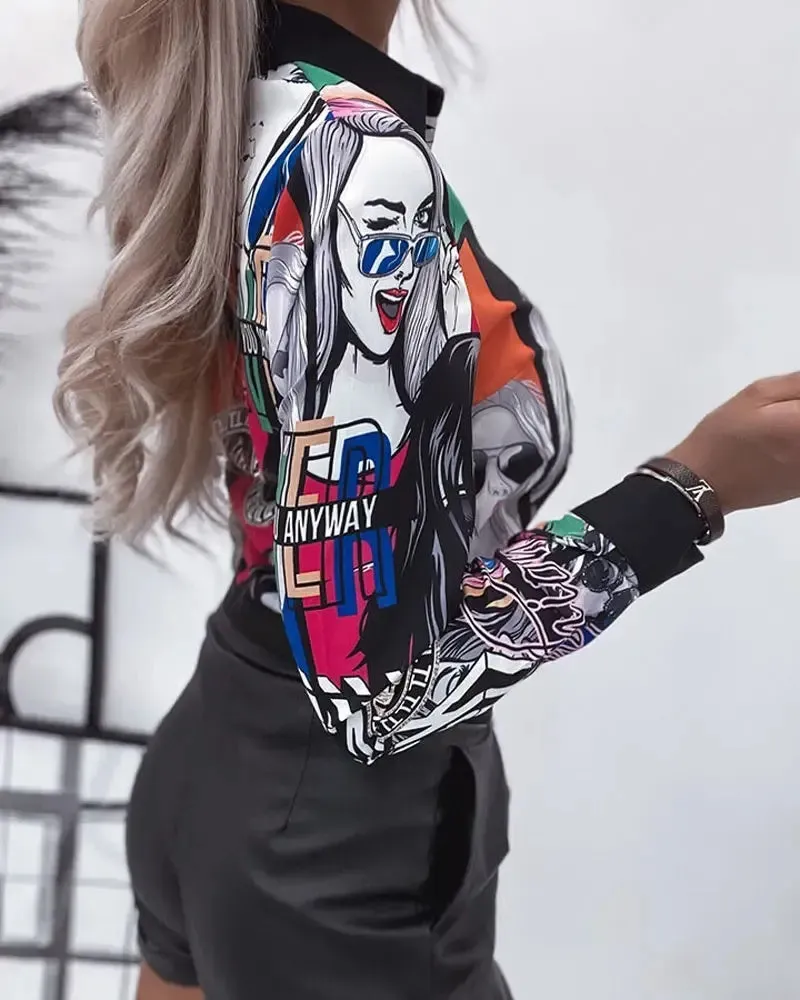 Xieyinshe - Letter Print Long Sleeve Button Down Shirt